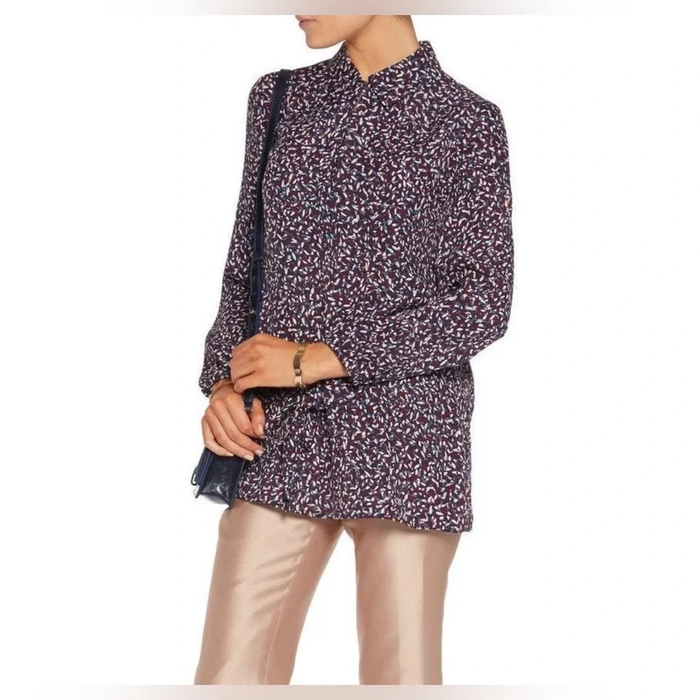 Tory Burch Silk Confetti Print Tunic Blouse Maroon Blue size 4‎